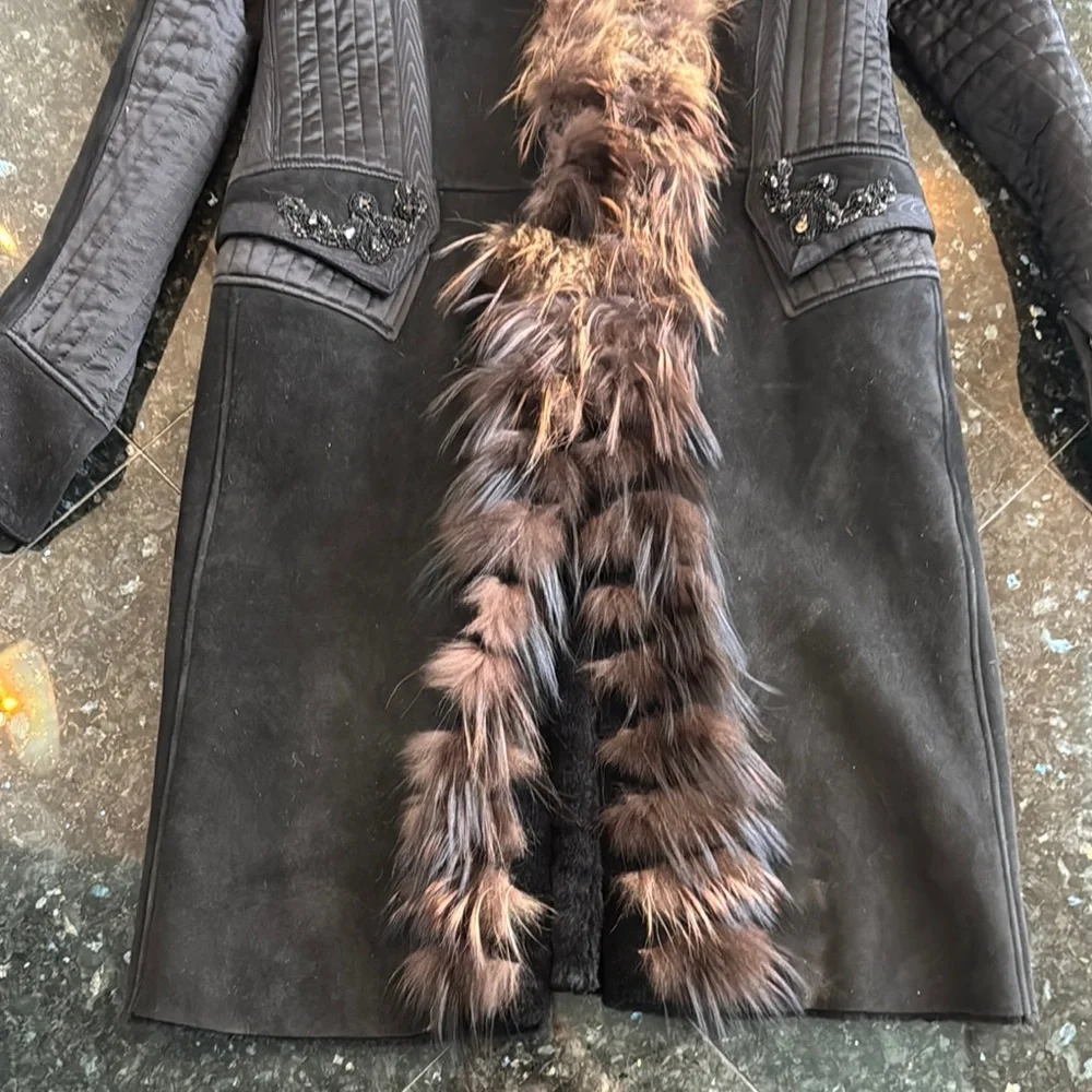 Roberto Cavalli Shearling Suede Black Fox Fur-Trimmed Women's Coat Size 48 - Picture 5 of 13